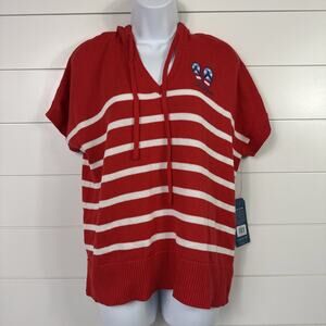 Life Is Good Hoodie Sweater Short Sleeve Knit Stretch Red Stripe sz L